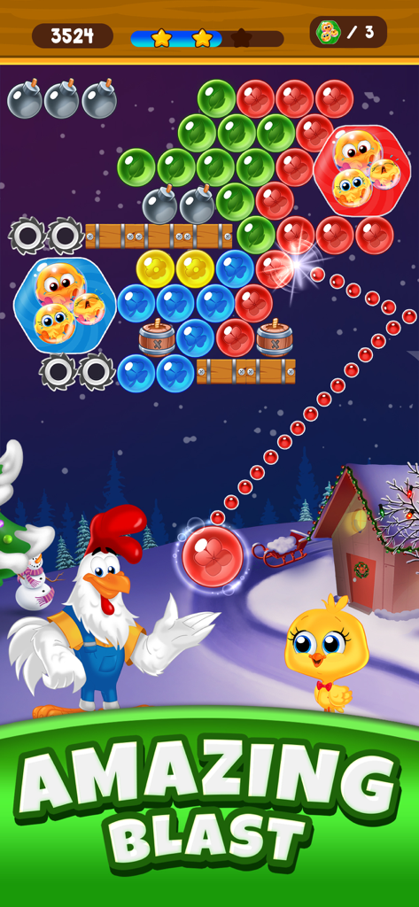 Farm Bubbles Bubble Shooter - Farm Bubbles Bubble Shooter gameplay featuring a winter farm scene with a rooster and chick.