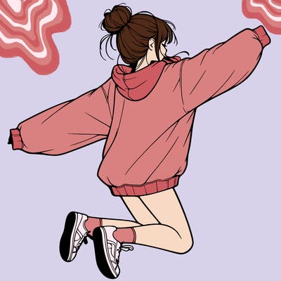 realistic girl jumping with a bun and oversized sweatshirt