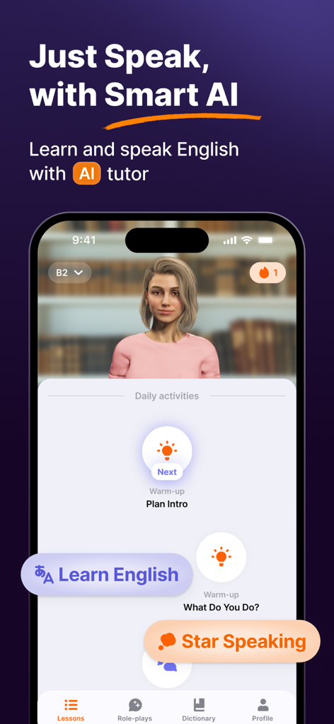JustSpeak – AI English Tutor - JustSpeak mobile app interface showing an AI tutor character and daily speaking practice activities