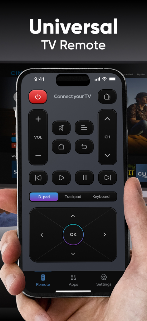 Remote TV Control・Universal - Mano sosteniendo un iPhone con la interfaz de la app Universal TV Remote mostrada