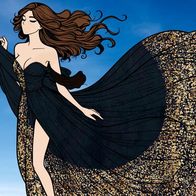 realistic woman in dress flowing the the wind