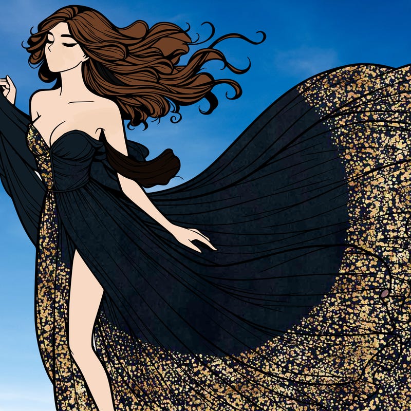 realistic woman in dress flowing the the wind