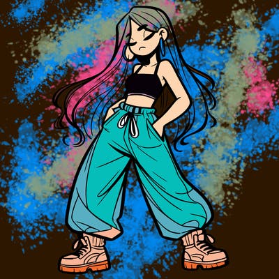 girl in baggy pants crop top and long hair