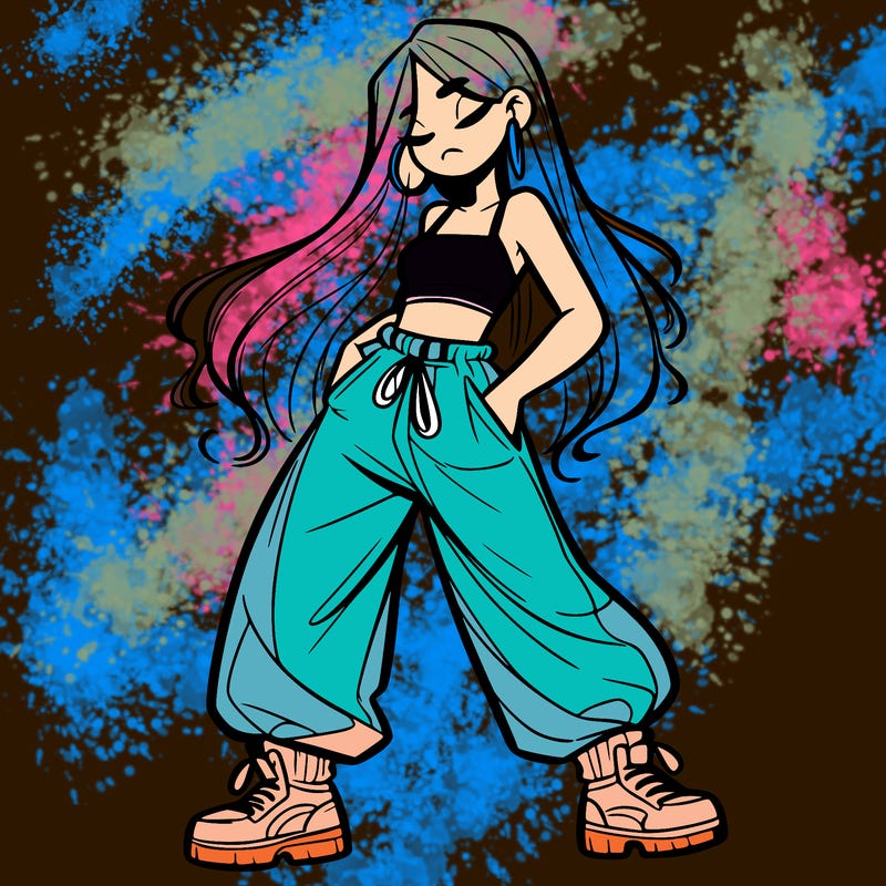 girl in baggy pants crop top and long hair