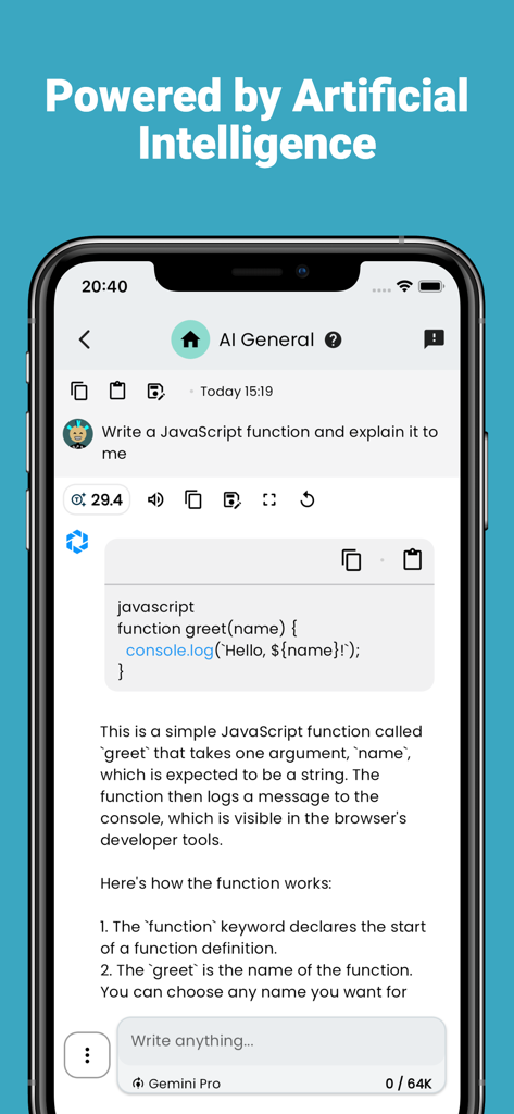 Aito AI: GPT & Gemini Chatbot - Aito AI mobile app interface showing a JavaScript code generation and explanation using the Gemini Pro model.