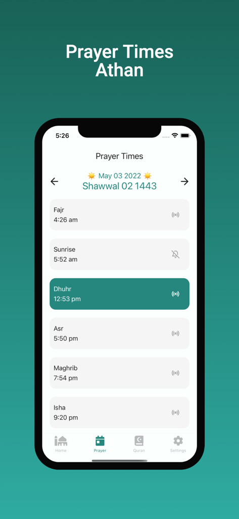 Islam App - The Muslim OS - Islam App mobile interface showing a list of daily prayer times including Fajr Dhuhr Asr Maghrib and Isha in a clean modern design