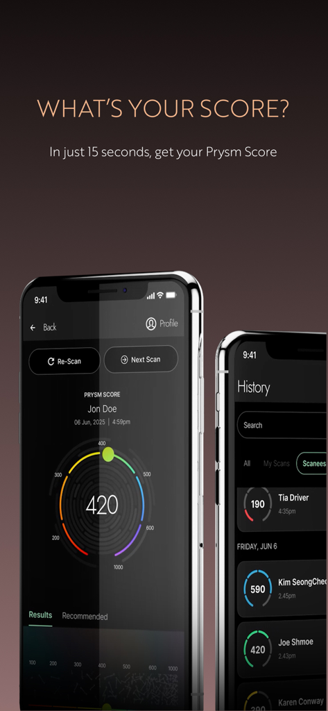 Nu Skin Prysm iO - Nu Skin Prysm iO app interface showing a circular wellness score gauge and a list of scan history.