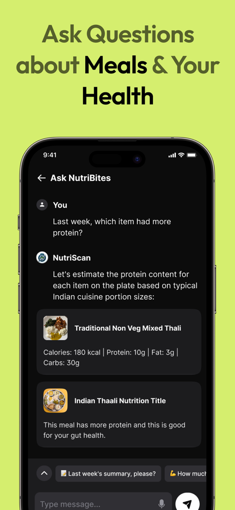 NutriScan: Calorie & Diet Plan - NutriScanアプリのAsk NutriBitesチャットインターフェース。食事の栄養分析を提供します。