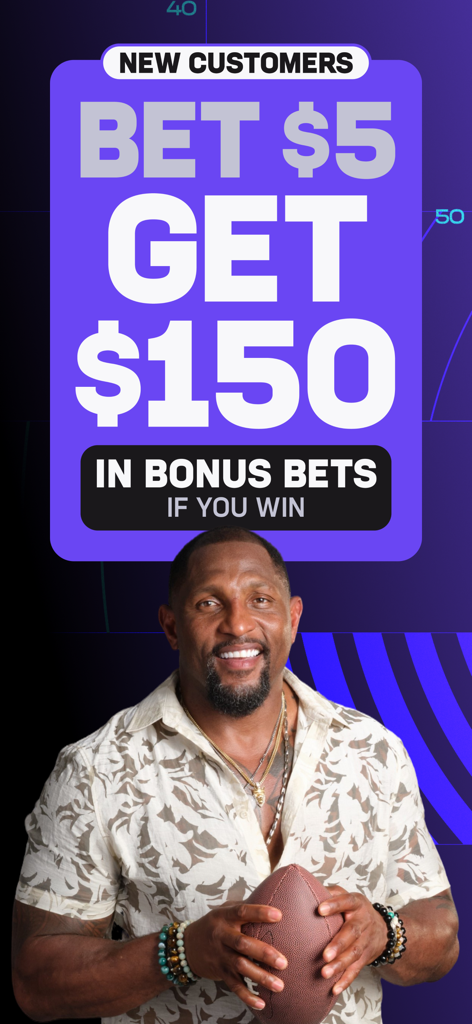 Hard Rock Bet: Sportsbook - Banner promocional de Hard Rock Bet Sportsbook para nuevos clientes con una oferta de apuesta de 5 y obtén 150 en apuestas de bonificación.