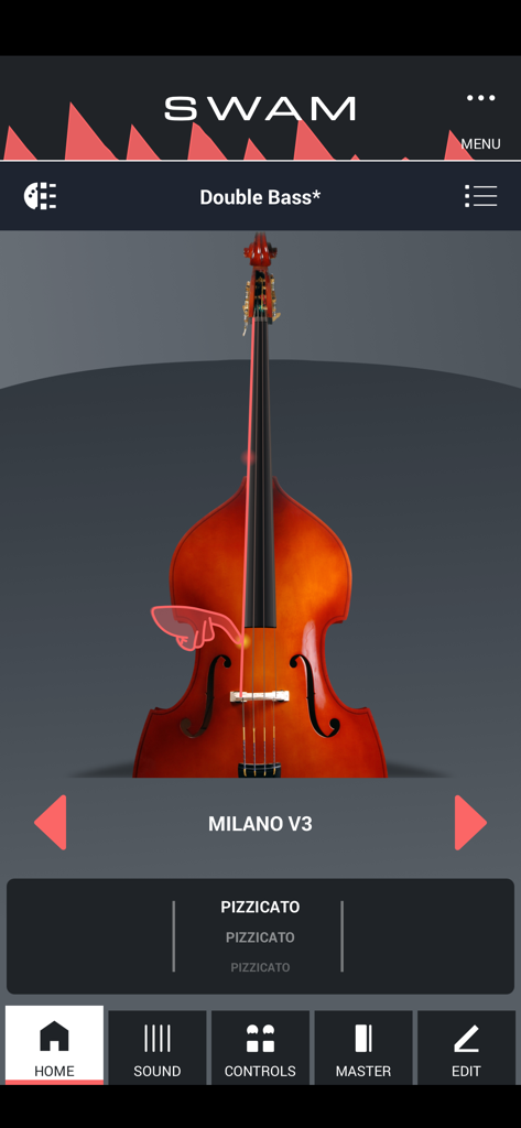 SWAM Double Bass app home screen showing the virtual instrument model and touch-sensitive performance area.