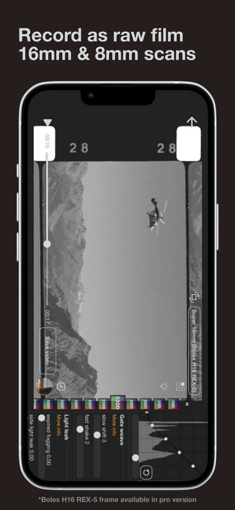 Smartphone interface of Super 16 app showing 16mm and 8mm raw film recording with a Bolex H16 REX-5 frame