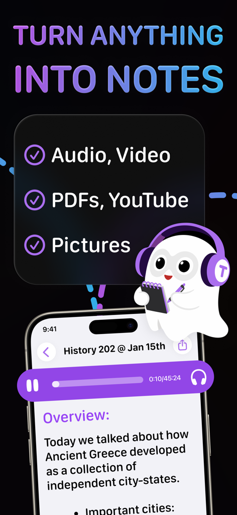 TLDL app interface displaying features to convert audio video and PDFs into lecture notes with a ghost mascot