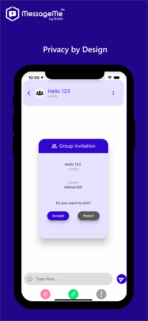 MessageMe™ - MessageMe app interface displaying a group invitation request with privacy by design branding.