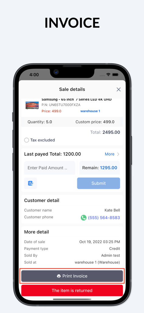 Naye Inventory Management App - A mobile app screen displaying detailed sales invoice information including customer name and product quantity