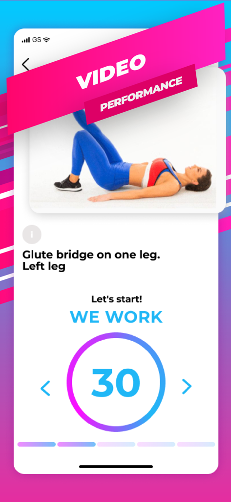 Buttocks Workout - Hips, Legs - A mobile app interface displaying a video demonstration of a one-legged glute bridge exercise with a 30-second timer.