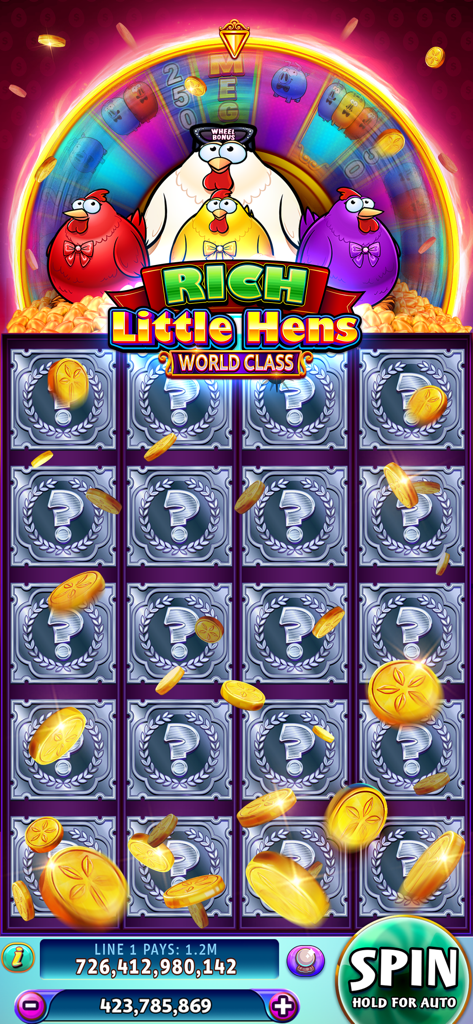 Gold Fish Casino Slots Games - Gameplay screen of Gold Fish Casino Slots showing the Rich Little Hens slot machine with falling gold coins