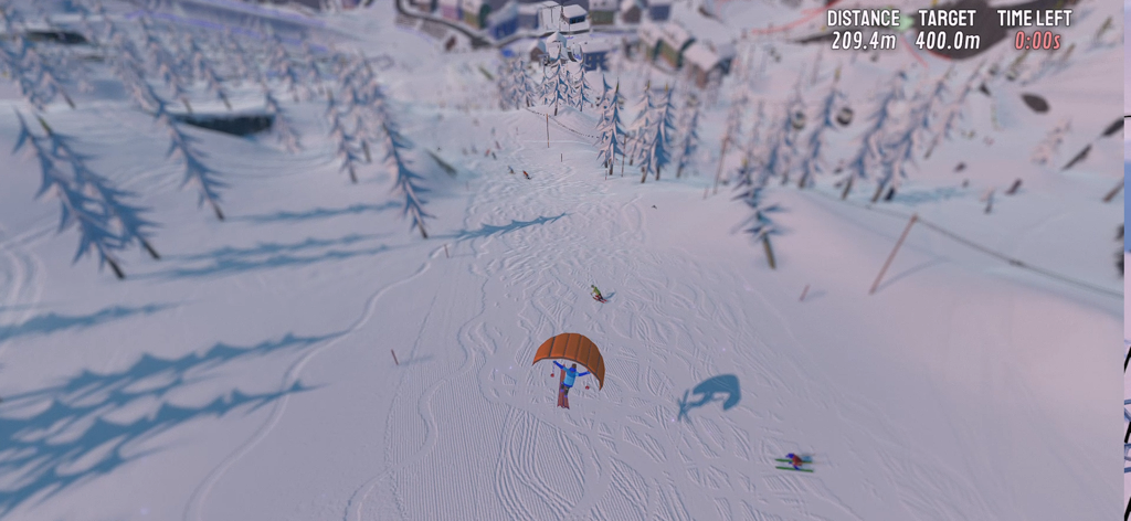 Grand Mountain Adventure 2 - Un personaggio in parapendio sopra un pendio montano innevato durante una sfida in Grand Mountain Adventure 2.