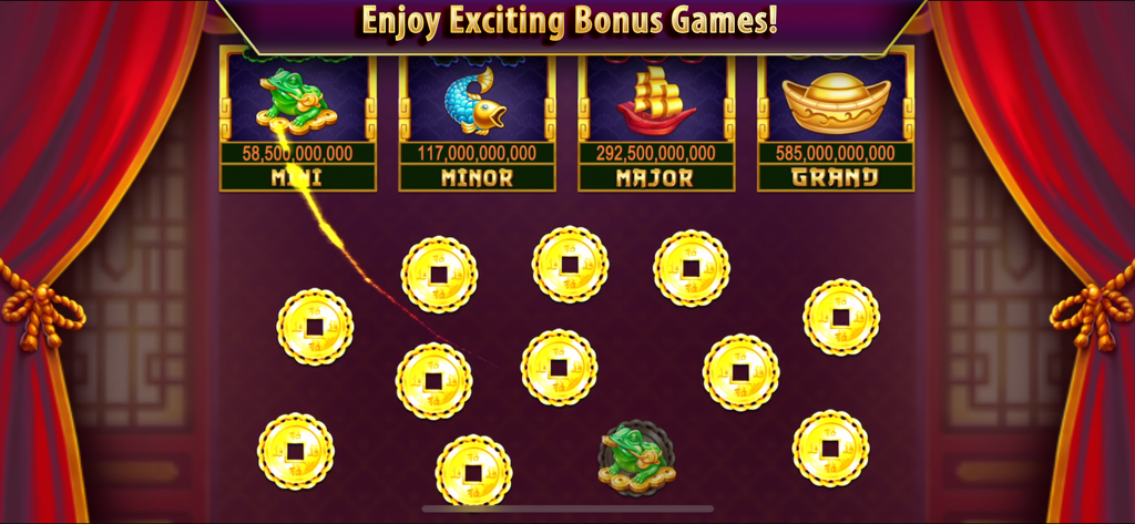 Black Diamond Casino Slots - A bonus game screen in Black Diamond Casino Slots showing different jackpot prize tiers and lucky gold coins