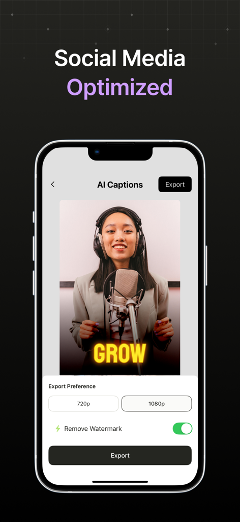 Interfaz de la aplicación móvil que muestra la exportación de vídeo optimizada para redes sociales con captions de IA
