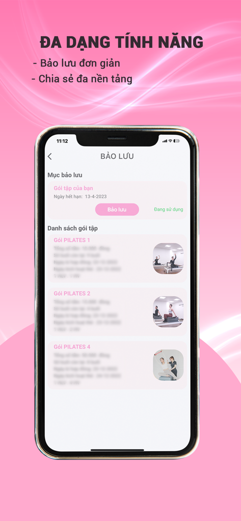 FourT Pilates - Mobil-App-Bildschirm, der verschiedene Pilates-Trainingspakete und Optionen zur Verwaltung von Abonnements anzeigt.