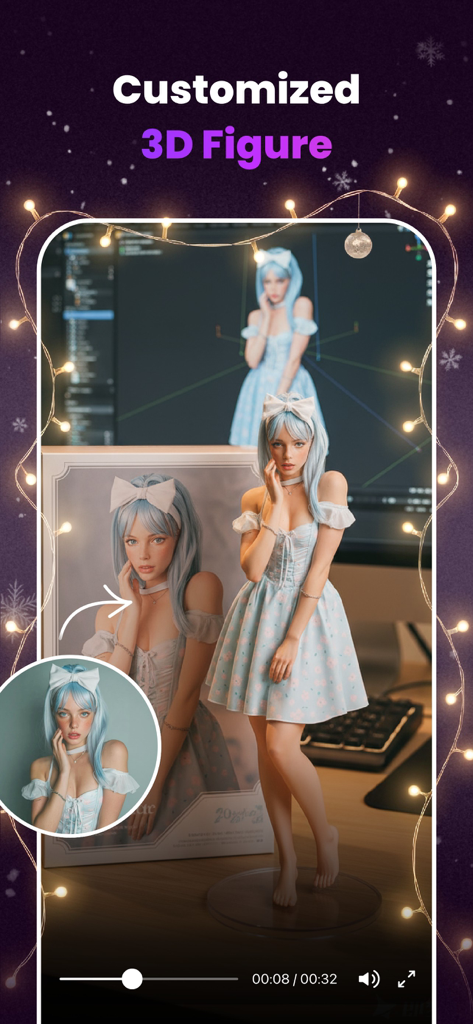 Pantalla de la aplicación Clipfly IA que muestra una imagen 2D transformándose en una figura 3D personalizada realista