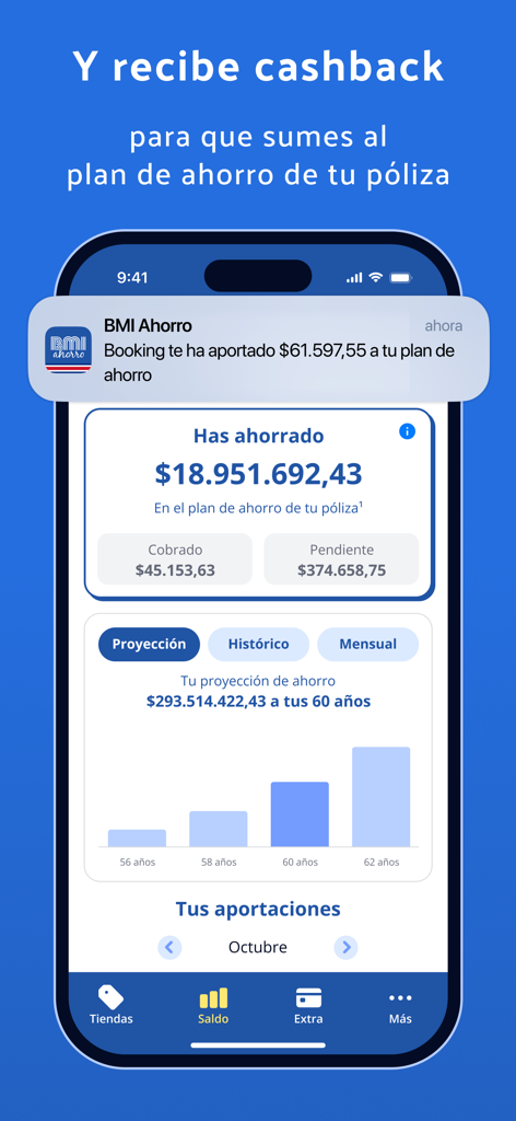 BMI Ahorro Colombia - BMIアホーロアプリの画面。貯蓄残高とキャッシュバック特典の通知を表示。