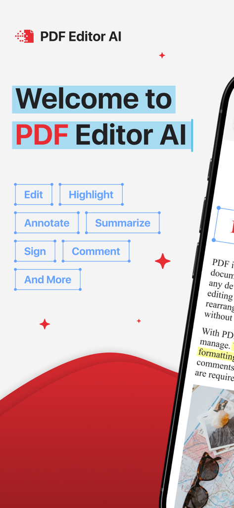 PDF Editor — AI Summarize - A welcome screen for the PDF Editor AI app listing key productivity features like edit highlight annotate summarize sign and comment.