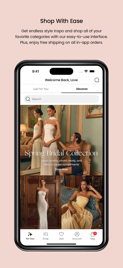 Lulus - Lulus App-Oberfläche zeigt die Spring Bridal Kollektion im Discover-Tab