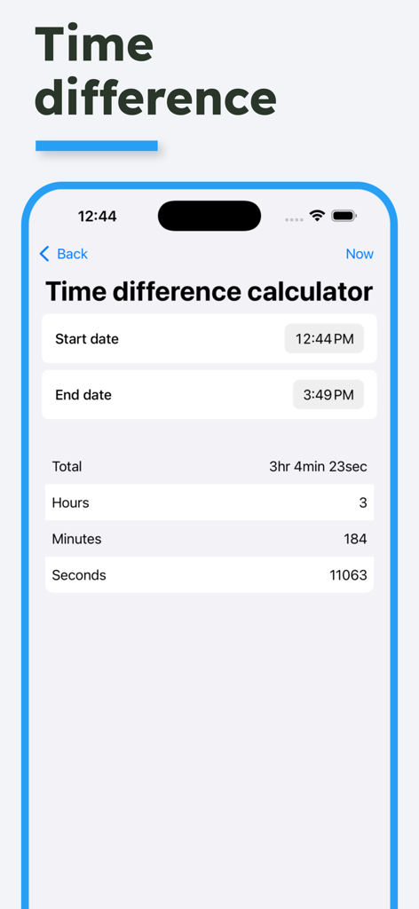 Time Calculator - Work Hours - アプリのインターフェース。2つの特定の時間間の差を時間、分、秒で計算する時間差計算機を表示しています。