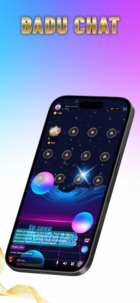 Badu - Live Stream, Go Live - Smartphone displaying the Badu app live voice chat room featuring a cosmic theme and multiple participant seats