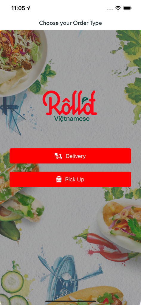 Roll’d Vietnamese - Pantalla de la aplicación Rolld Vietnamese que muestra las opciones de pedido de entrega y recogida