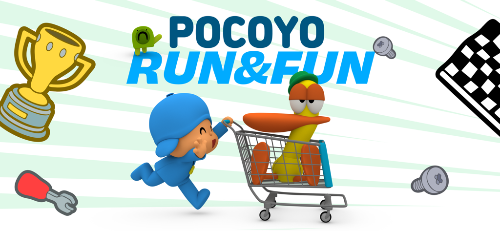Pocoyo poussant Pato dans un caddie pour le jeu de course Run and Fun