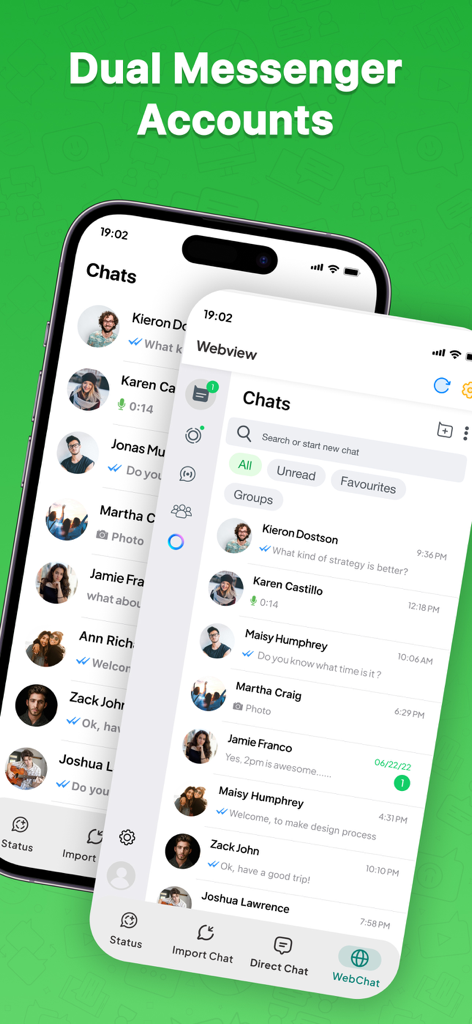 Status Saver WT - StoryBox - Dual messenger accounts and chat list displayed on a mobile app interface