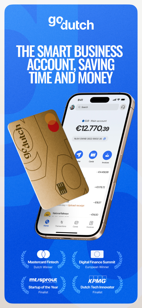 GoDutch Smart Business Account - GoDutch Smart Business Account mobile app interface featuring a gold business card and industry award logos