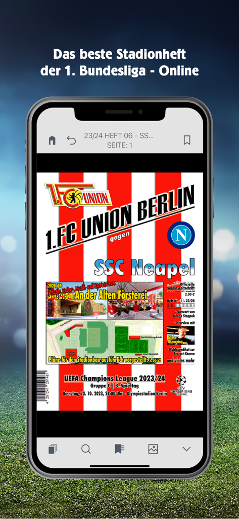 FCU KIOSK - Digital stadium magazine of 1. FC Union Berlin versus SSC Napoli shown on a smartphone.
