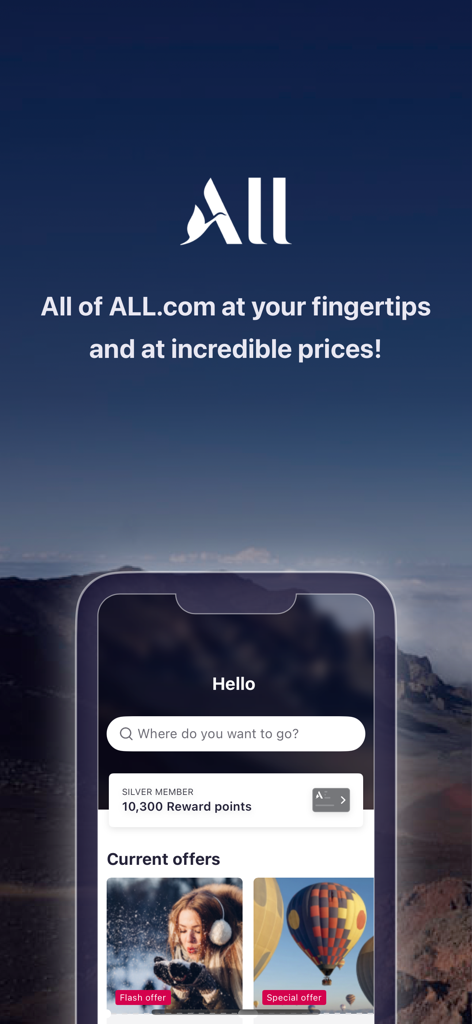 ALL Accor mobile app interface displaying a search bar loyalty reward points and current hotel offers