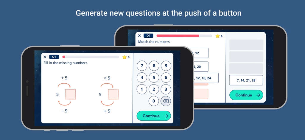 White Rose Infinity - Two smartphones displaying interactive math questions and quizzes on the White Rose Infinity app.