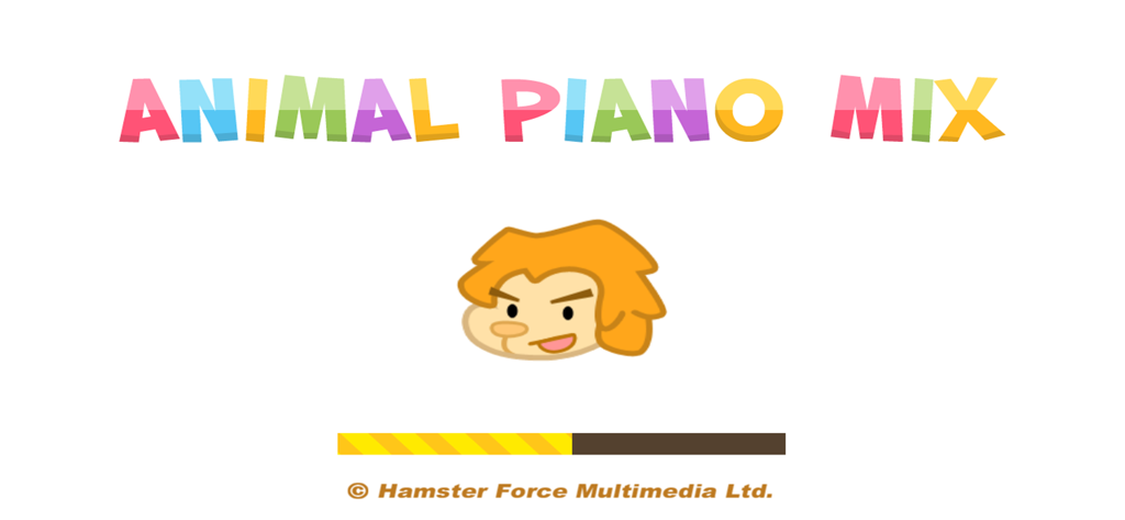 Écran de chargement de l'application Animal Piano Mix présentant un titre coloré et une tête de lion de dessin animé mignonne