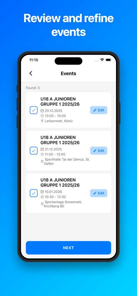 Klikk - Events - Smartphone displaying the review and refine events screen in the Klikk app.