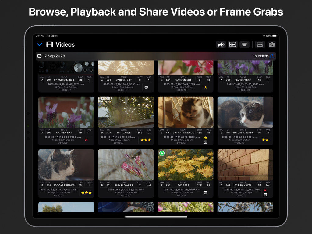 Una vista de la biblioteca de medios en la aplicación Video Assist para iPad que muestra clips de video grabados con metadatos profesionales, incluidos detalles de escena y toma.