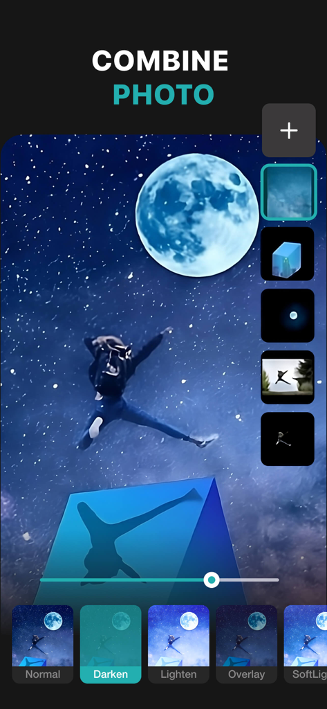 PhotoLeaf mobile app showing layer based photo editing and blending modes on a starry night image