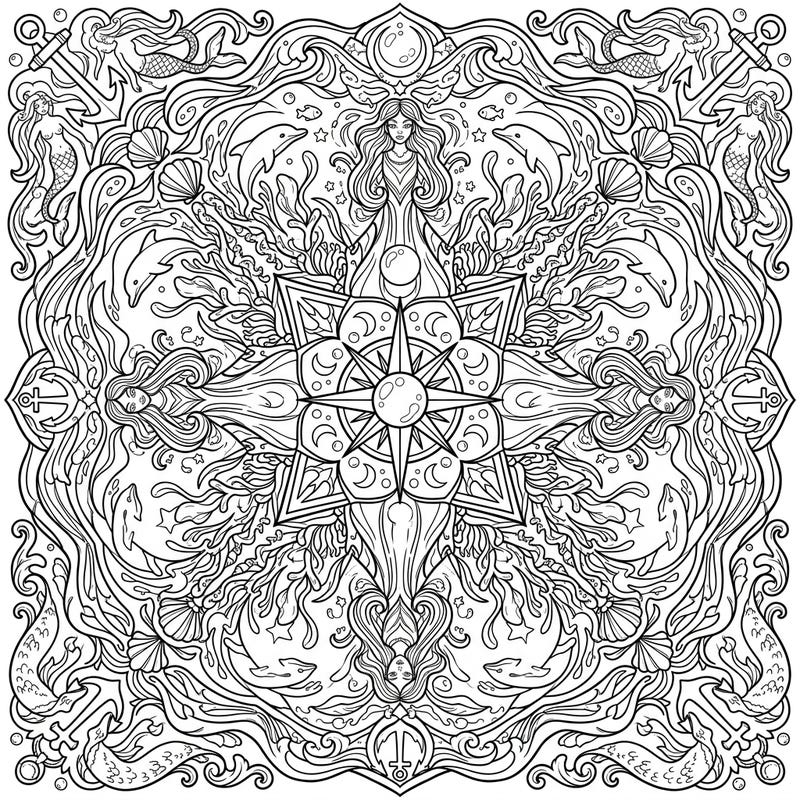 Immerse yourself in the mystical beauty of the ocean with this intricate Sea Witch Mandala coloring page. Discover a world of marine enchantment as you bring these magical figures and their underwater realm to life.
