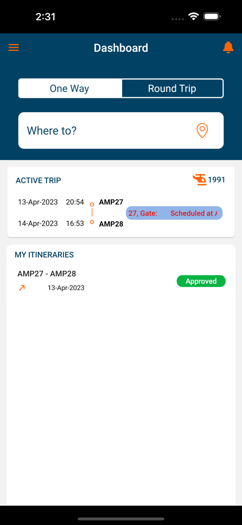 iLogistics Go - Mobile app dashboard showing active travel details and approved itineraries for industrial workforce logistics