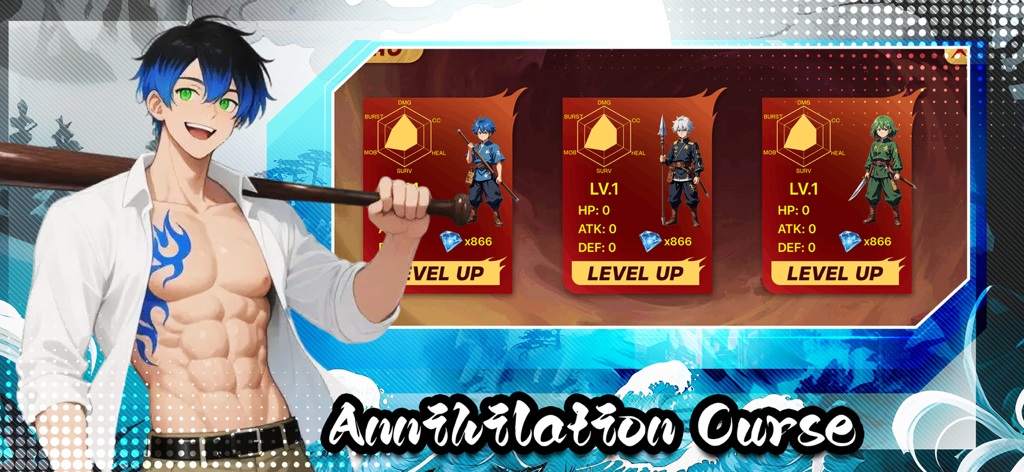 Swordsman Redemption character selection and upgrade screen featuring anime heroes and stat radar charts