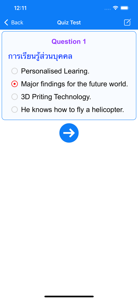 A multiple choice translation quiz inside the Learn Thai Travel Premium app.