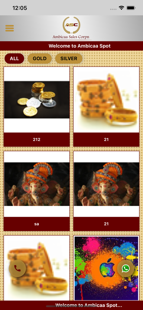 Ambicaa Spot - Ambicaa Spot app interface displaying a gallery of gold coins and jewelry products
