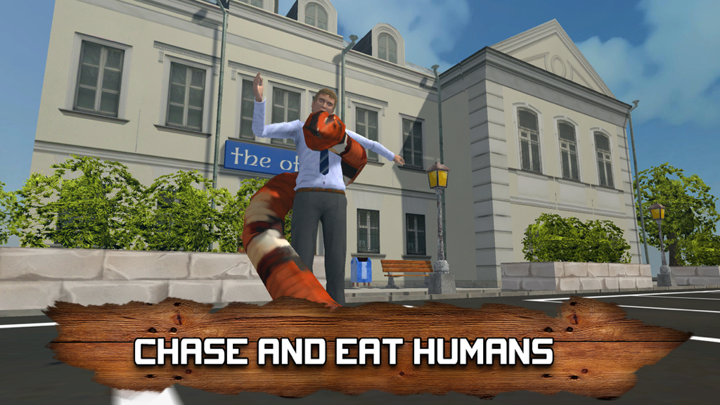 A giant orange and black snake attacking a person on a city street