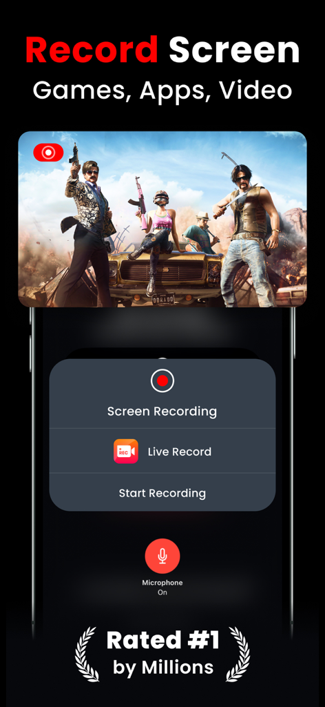 Live Recorder: Record Screen - Mobile screen recording interface showing a game recording setup with microphone enabled