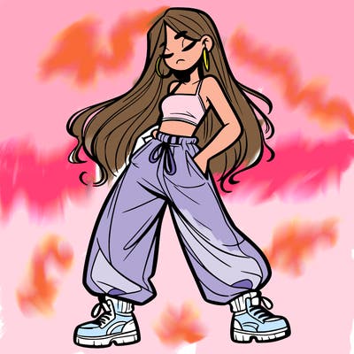 girl in baggy pants crop top and long hair