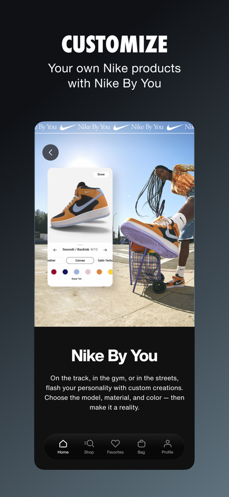 Ein App-Bildschirm mit dem Nike By You-Tool zum Anpassen von Sneaker-Farben und -Materialien.